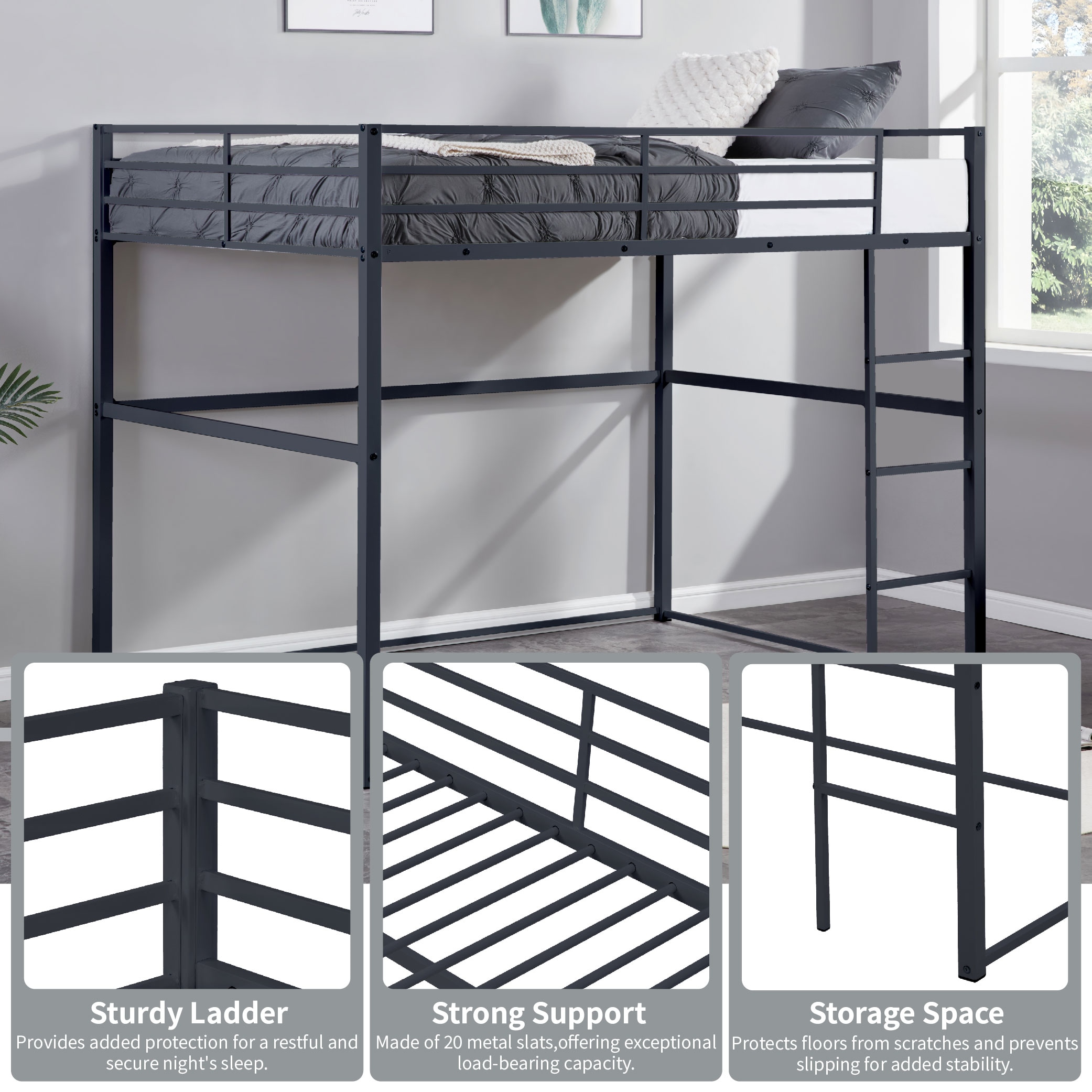 Metal Loft Bed Twin Size, Loft Bed Frame with Safety Guard Rails & Flat Ladder, Twin Loft Bed for Kids Teens Adults, Black Metal Loft Bed Twin Size, Loft Bed Frame with Safety Guard Rails & Flat Ladder, Twin Loft Bed for Kids Teens Adults, Black